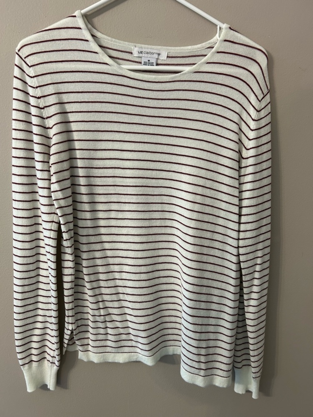 Liz Claiborne Cream with Burgundy Narrow Stripe Knit Top